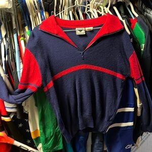 VINTAGE Obermeyer 1/4 Zip Wool Sweater Andre Blue Red